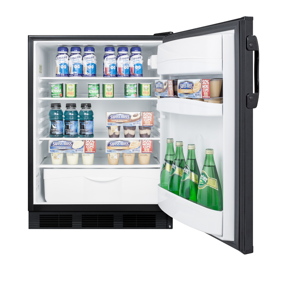 Commercially listed freestanding all-refrigerator for general purpose use, with automatic defrost operation and black exterior